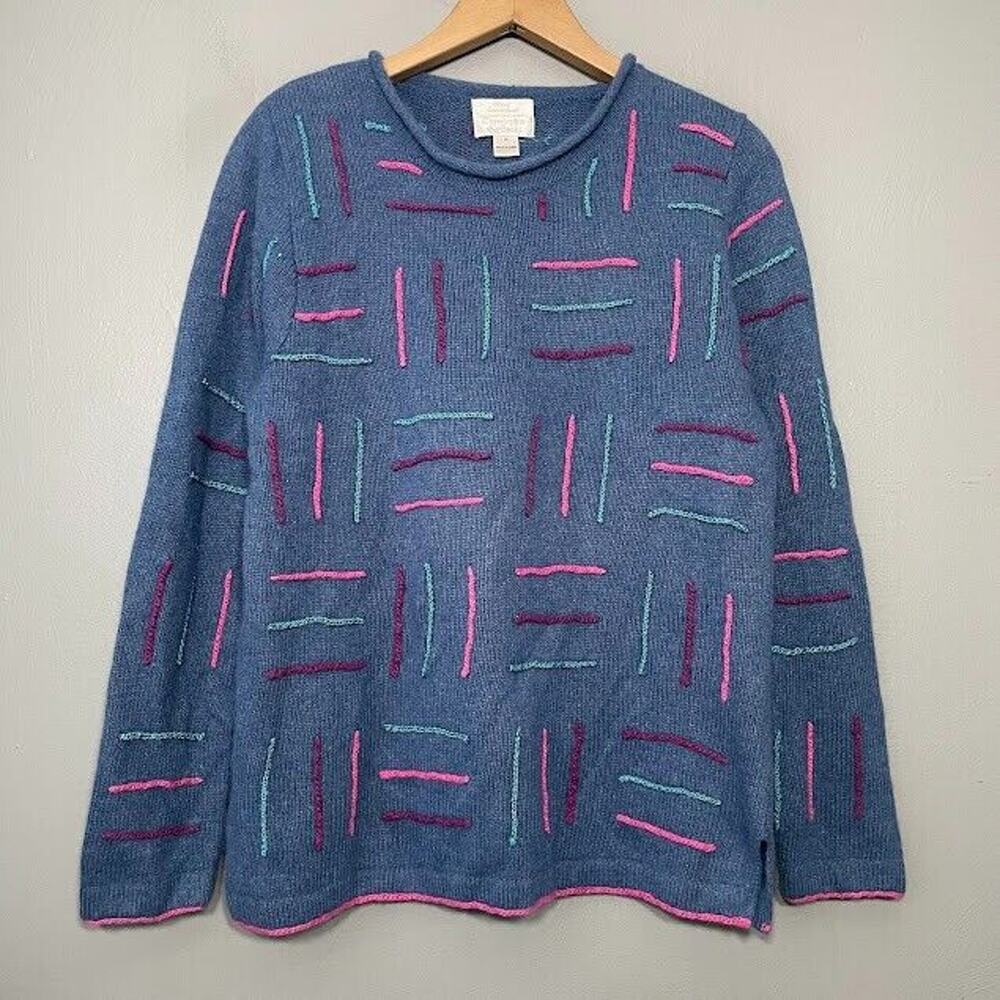 Vintage Blue Angora Sweater Size Medium Artsy Embroidered 90s Mom Cottagecore